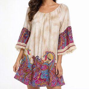 Entro Boho Paisley Tunic Dress Small Cream Multicolor Festival Style